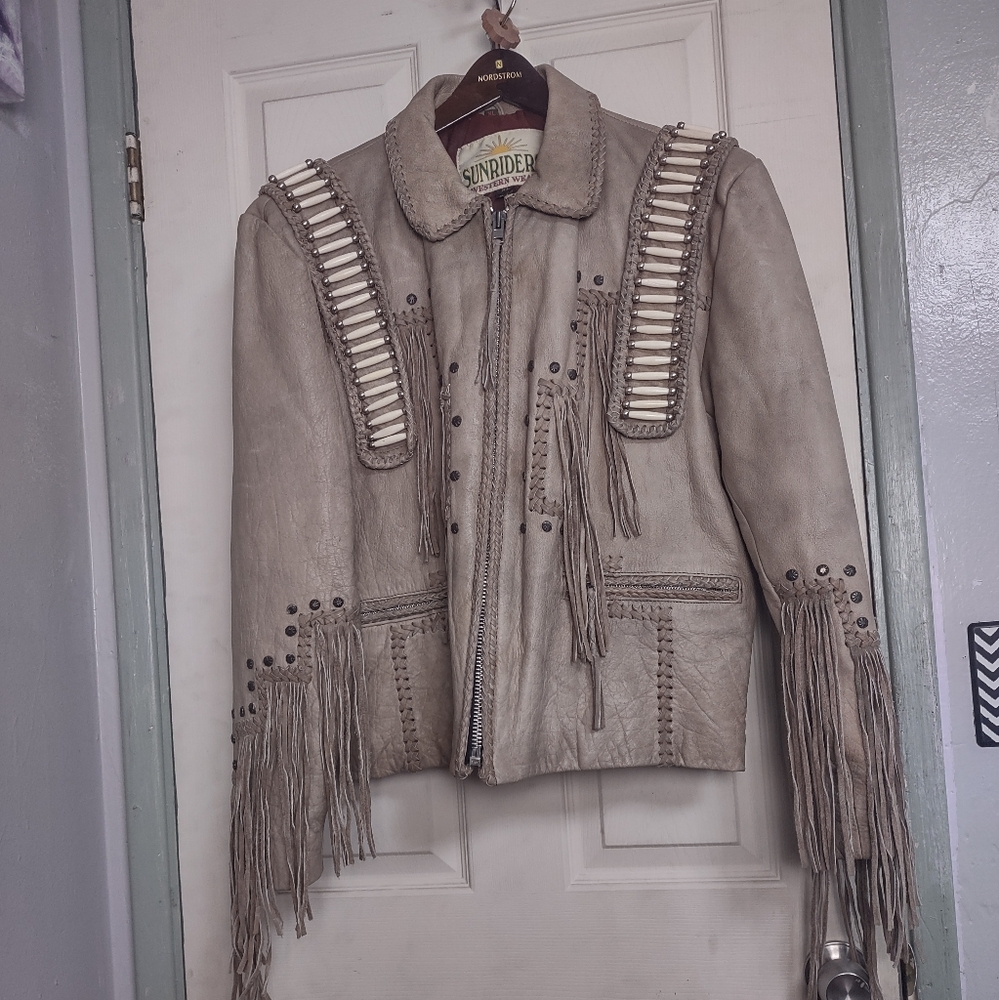 Sunriders Vintage Western Fringe Bone Beaded Leather Jacket  Xl